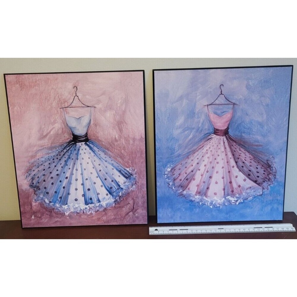 Pair of Ballet Princess Vintage Dress Wall Art Girls Bedroom Blue Purple Pink